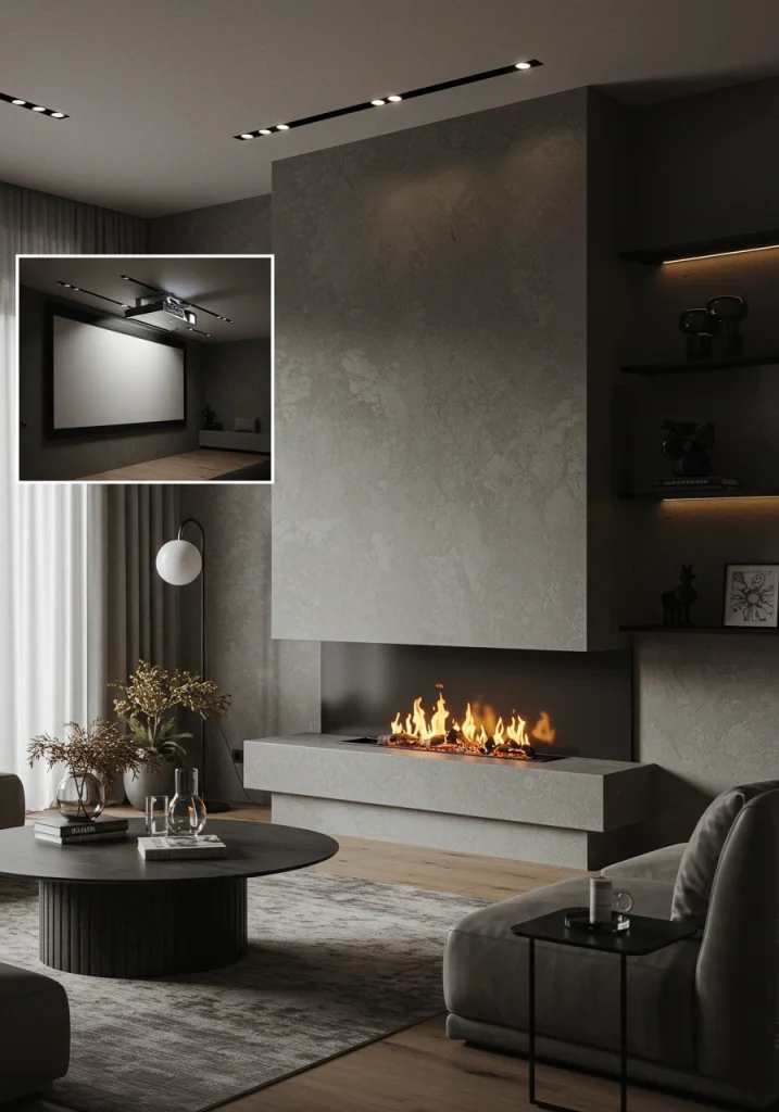 A living room with a projector screen that retracts into the ceiling, hiding the "TV" from view.