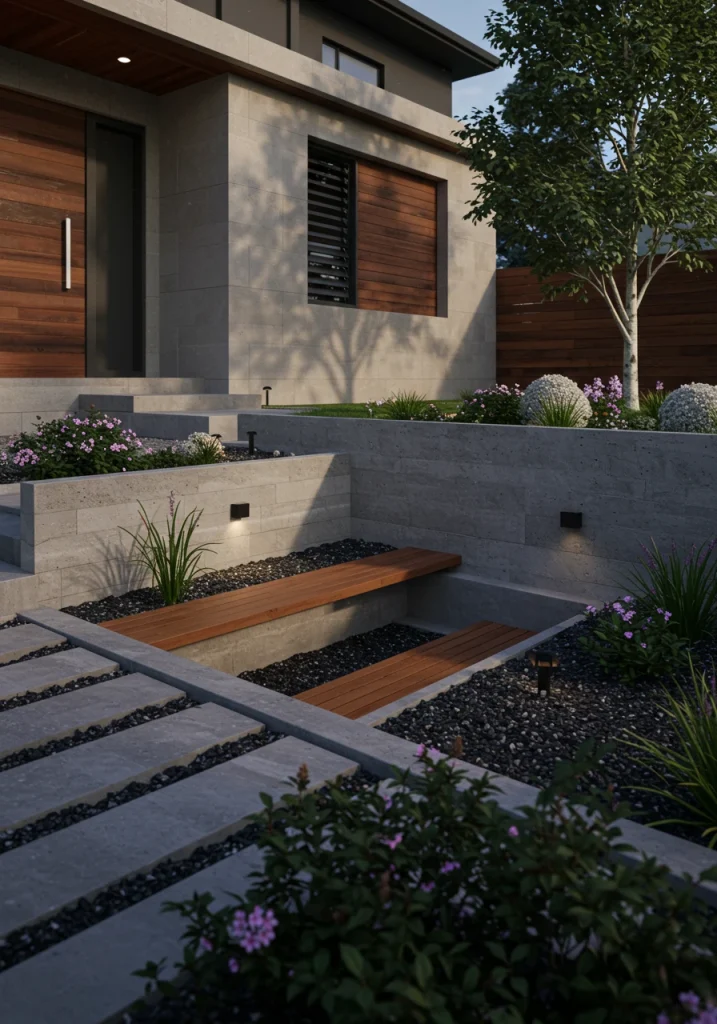 A modern front yard with a sunken gravel seating area, creating a defined outdoor "room."