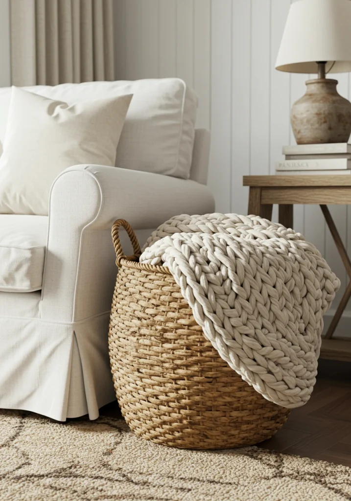 A large woven basket used for cozy storage of a throw blanket in a white farmhouse living room.
