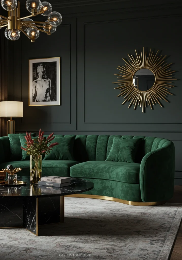 A luxurious living room with a dramatic color combination of emerald green, black, and gold accents.