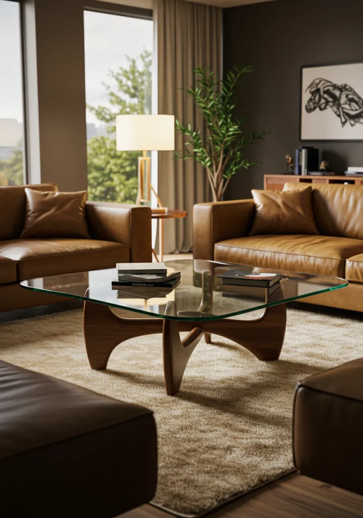An iconic, sculptural Noguchi coffee table in a sophisticated mid-century modern living room.