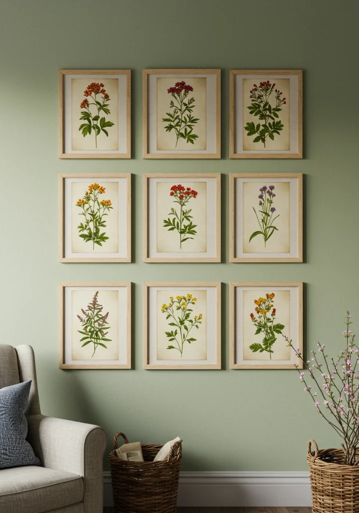 A classic cottage living room decor idea: a gallery wall of framed, vintage botanical prints.