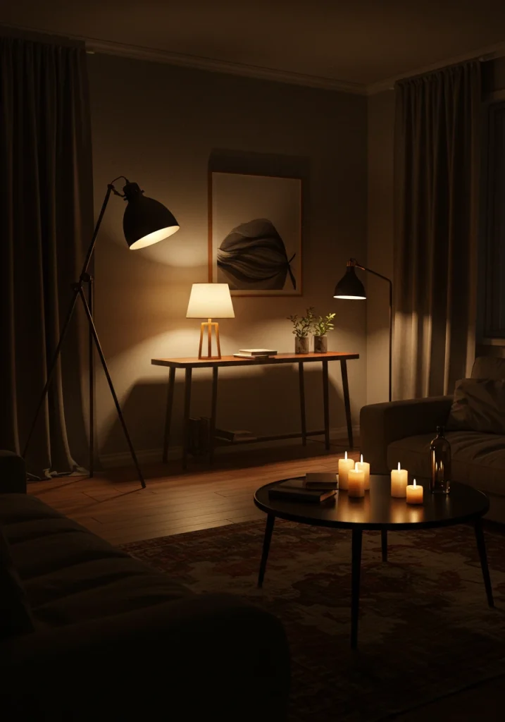 A moody living room at night with a layered, ambient lighting scheme from multiple warm lamps.