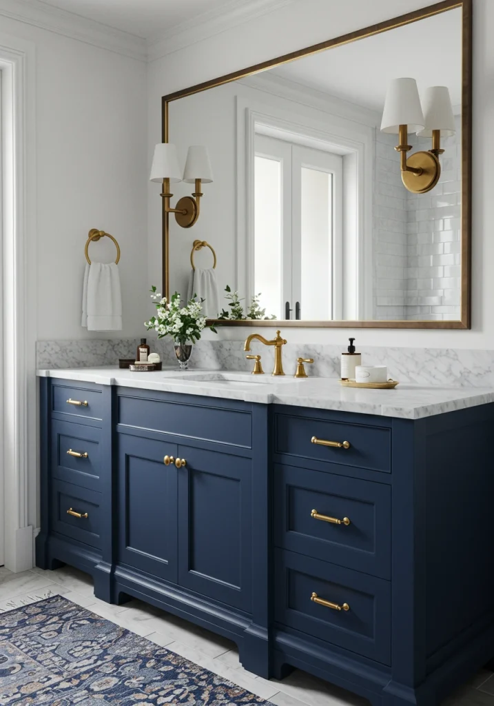 A classic bathroom color scheme of navy blue and white, with elegant brass hardware accents.