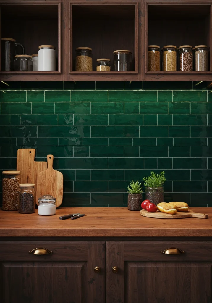 An innovative pantry design featuring a stylish and colorful statement tile backsplash.