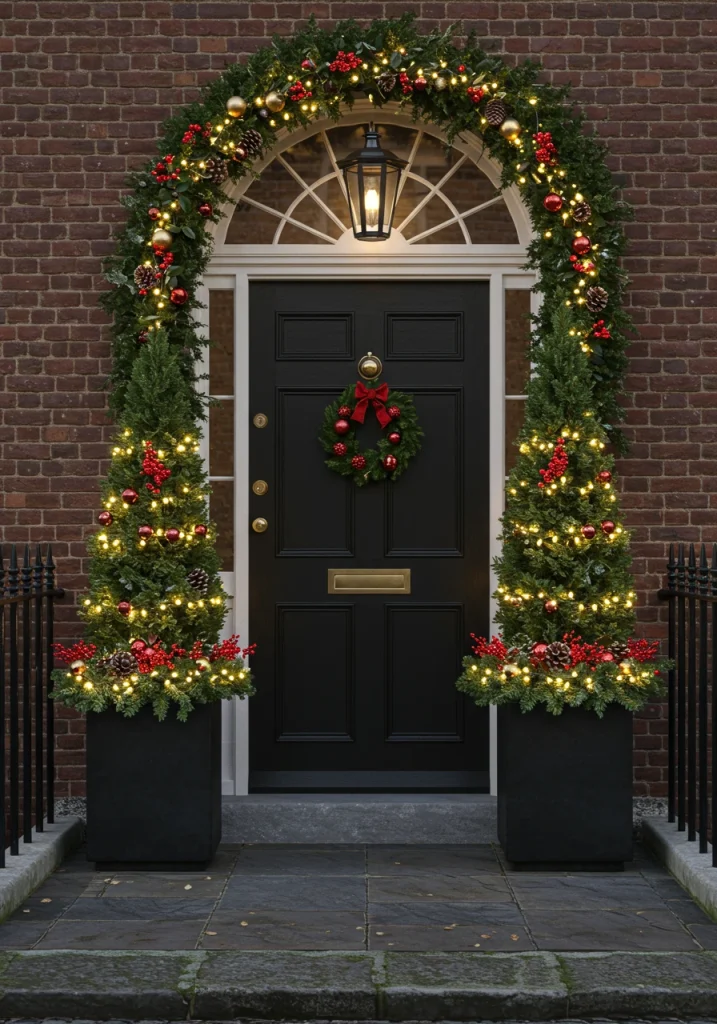 A symmetrical Christmas entryway with two large, lit planters filled with festive greenery.