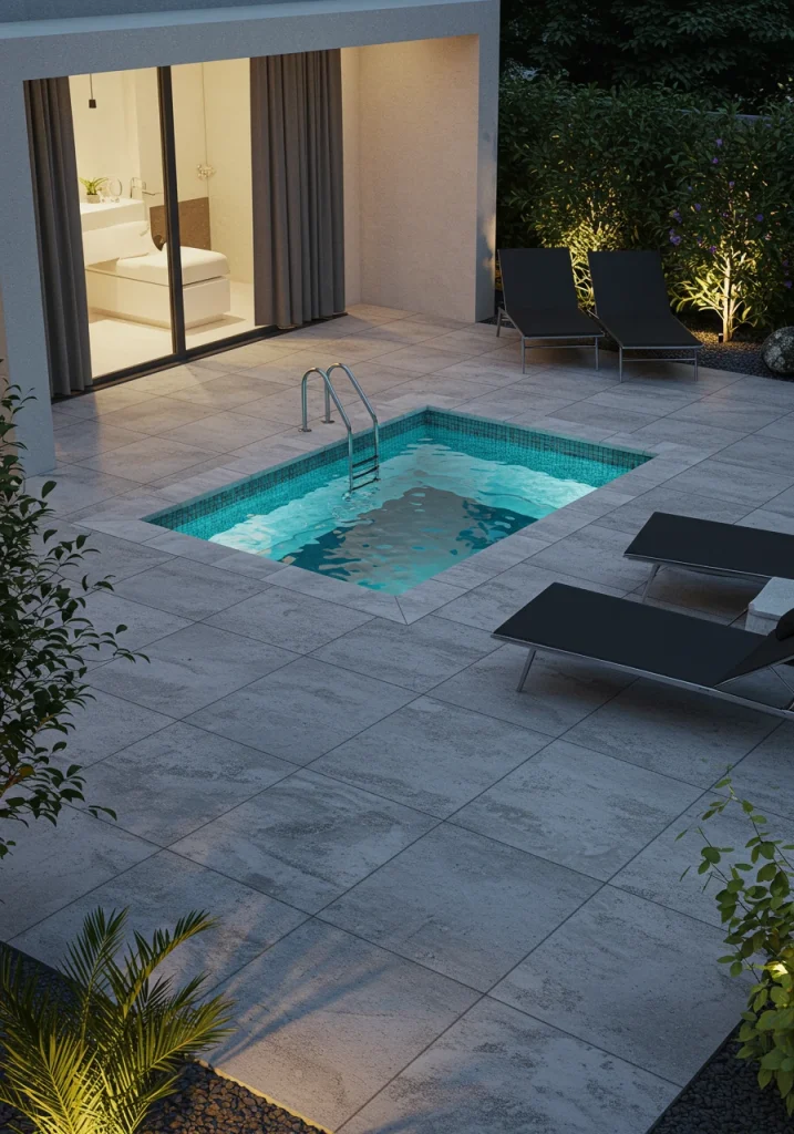 A modern plunge pool surrounded by a patio of large-scale, gray concrete pavers.