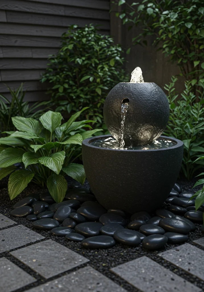 A small, modern, bubbling sphere water feature creating a tranquil sound in a backyard oasis.