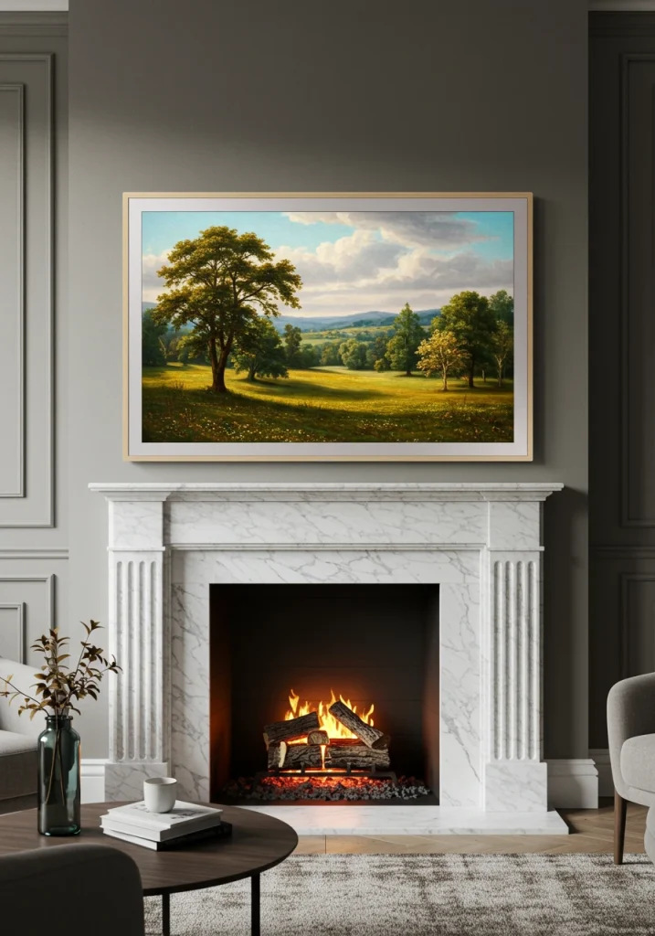 A living room featuring an "Art TV" mounted above the fireplace, disguised as a painting.