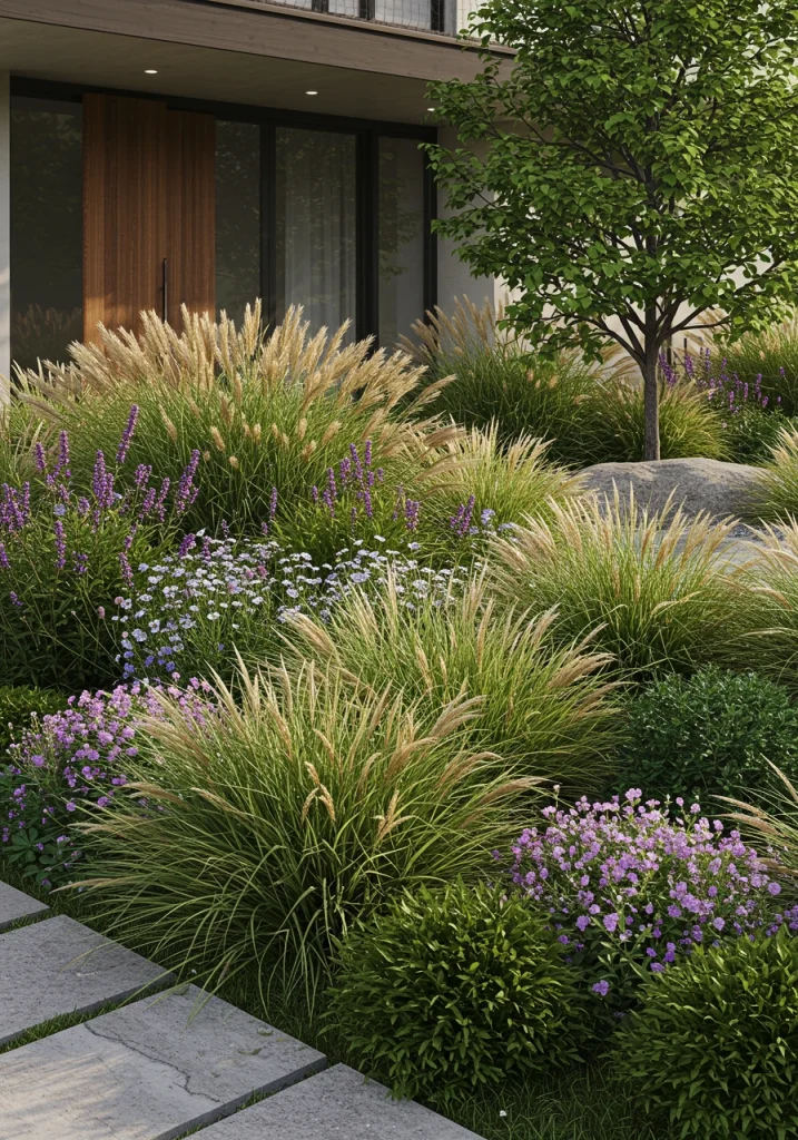 A sustainable modern front yard featuring a beautiful mix of native ornamental grasses and perennials.