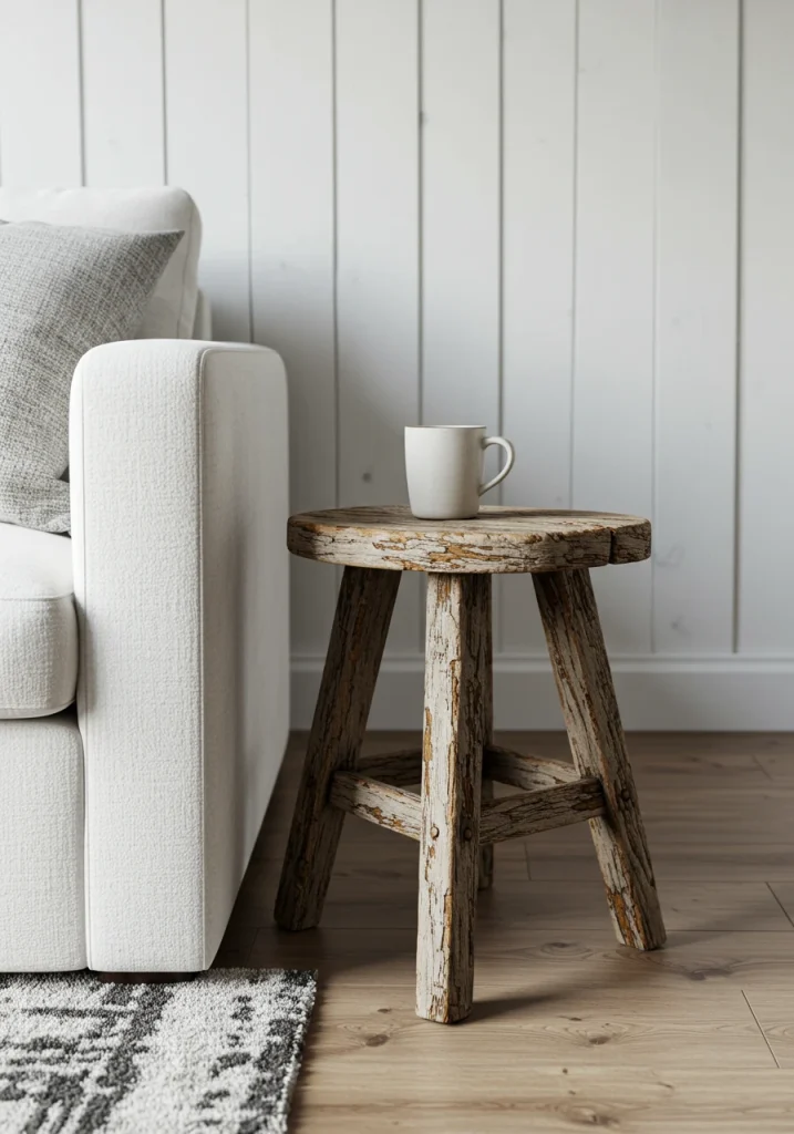 A small, vintage, rustic wooden stool used as a unique side table in a white farmhouse living room.