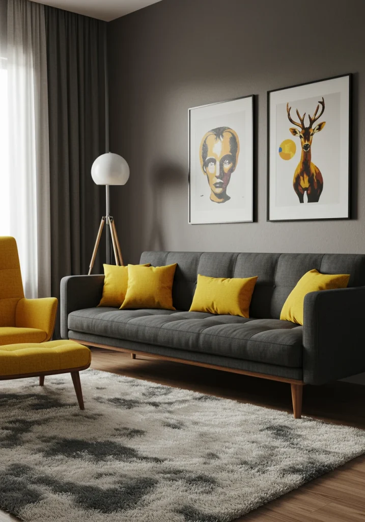 A mid-century modern living room with a color combination of charcoal gray, white, and a pop of mustard yellow.