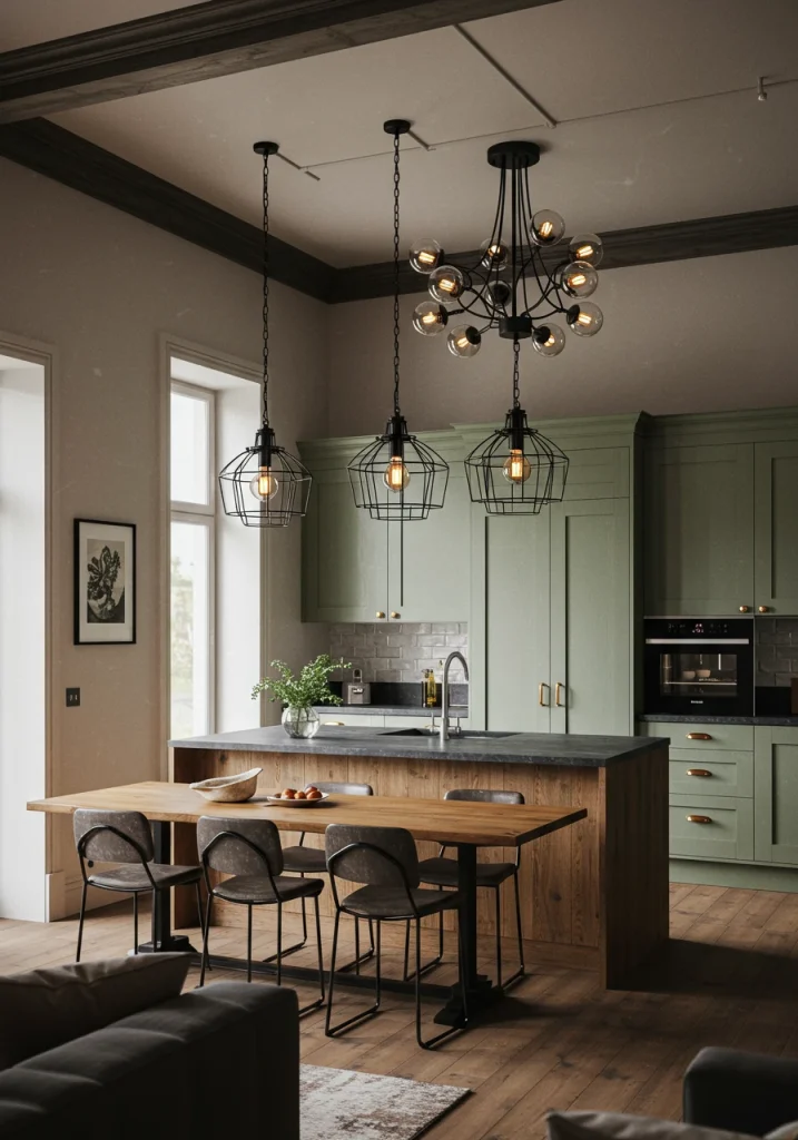 A cohesive lighting plan in an open-concept space, with matching metal finishes on the kitchen pendants and living room chandelier.