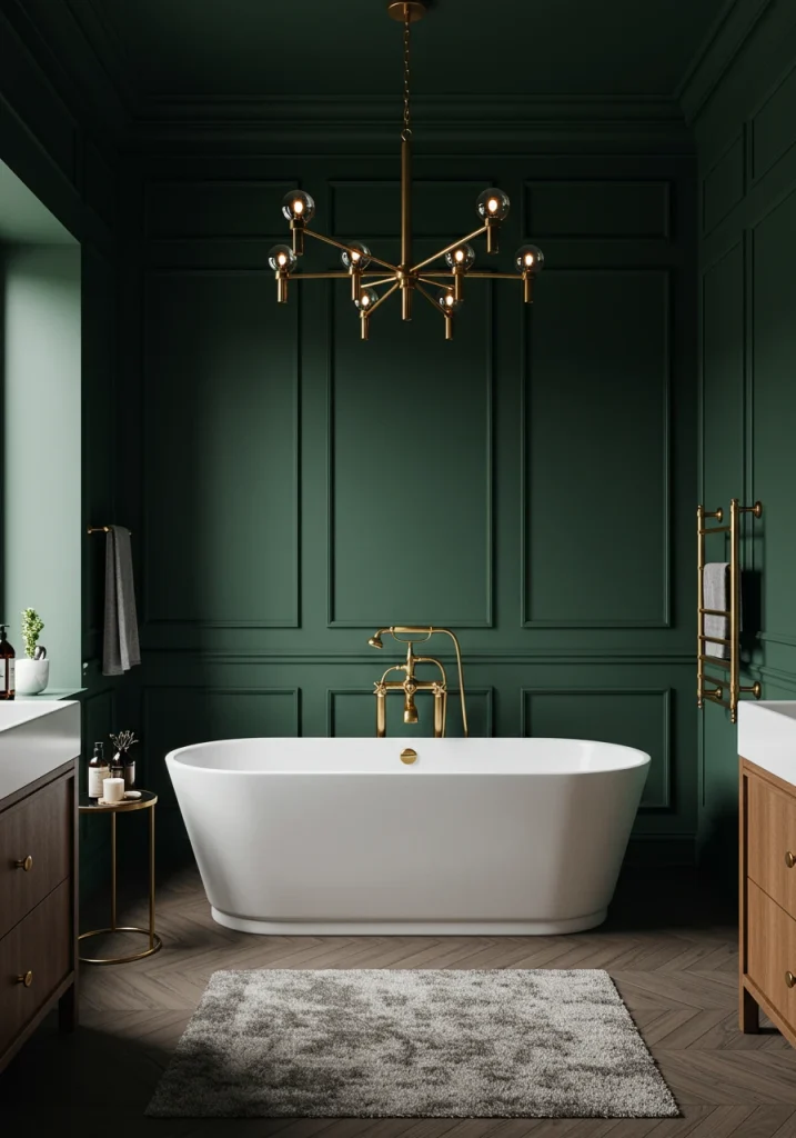 A dramatic and trendy bathroom with walls painted in a deep, forest green color.