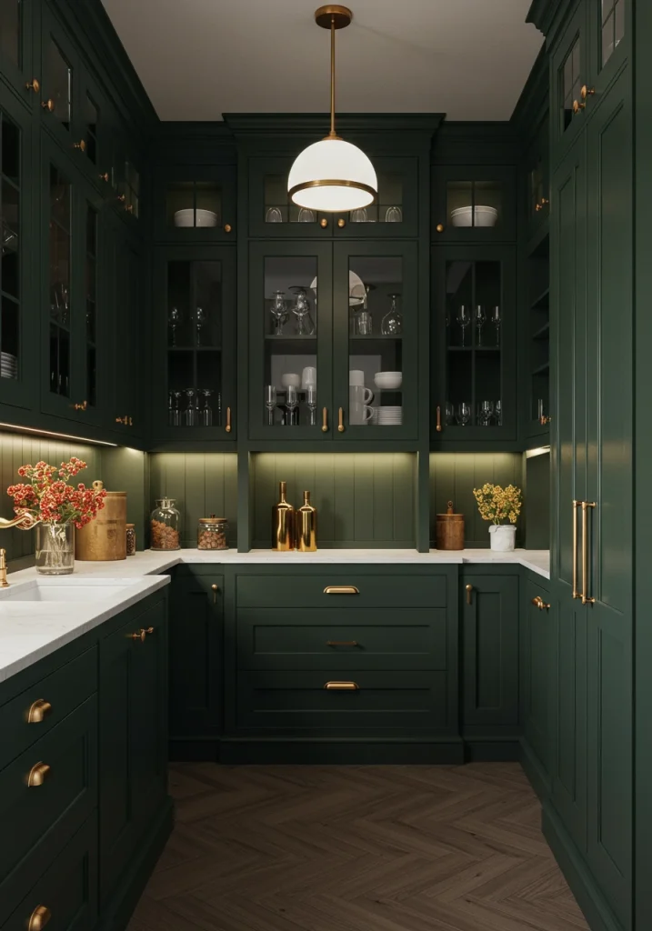 An innovative pantry design with a dramatic and moody, dark green color scheme.