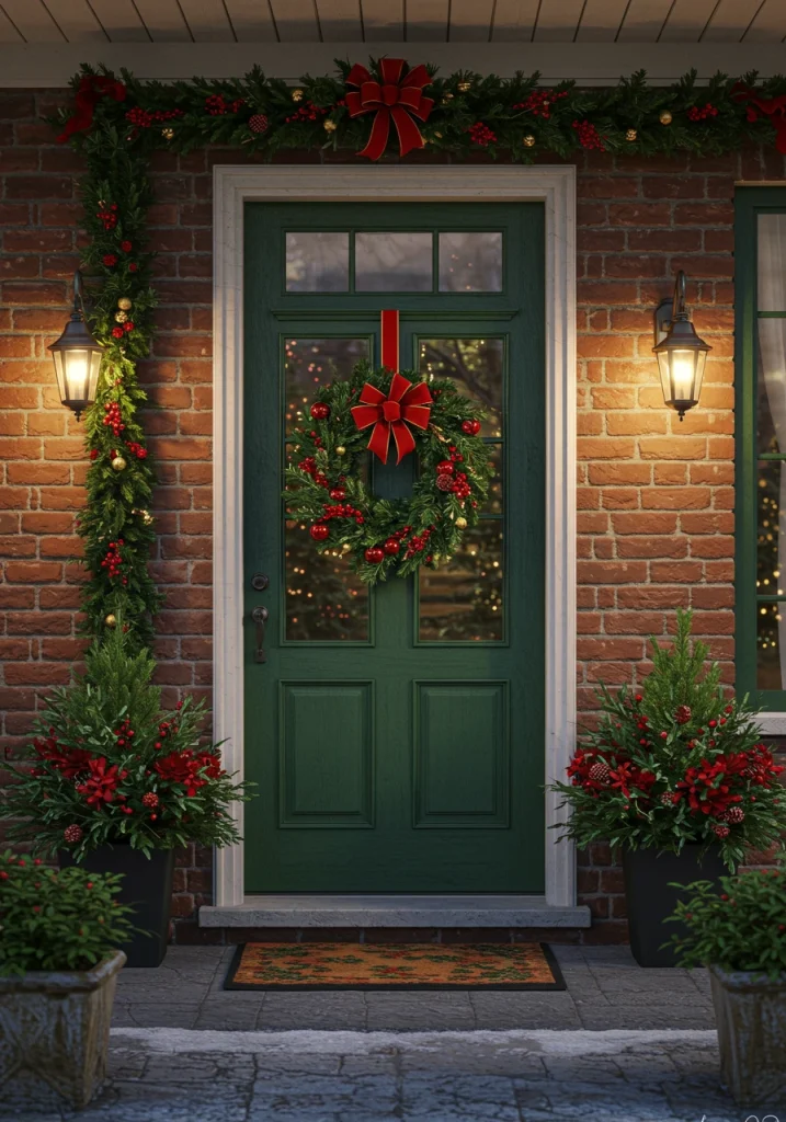 A classic, outdoor Christmas decor look using a traditional, red and green color palette.