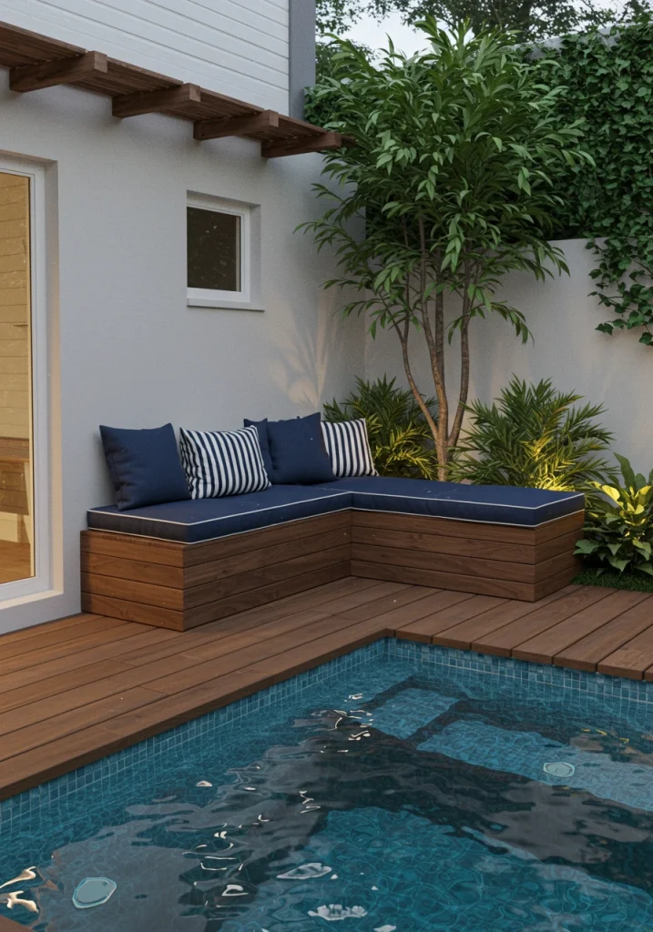 A small backyard with space-saving, built-in wooden bench seating around a pool deck.
