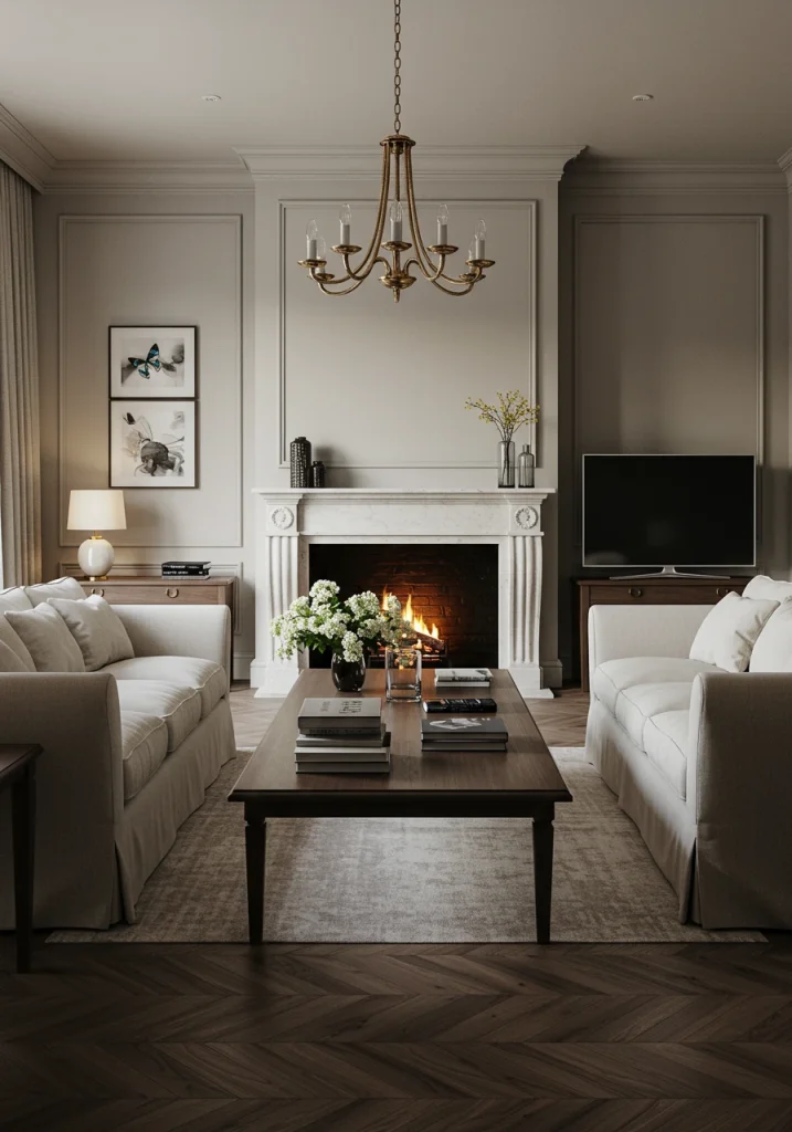 A formal living room with a symmetrical layout of two sofas facing each other in front of a fireplace.