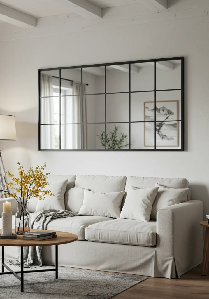 A large, classic, black metal windowpane mirror hanging above a sofa in a white farmhouse living room.