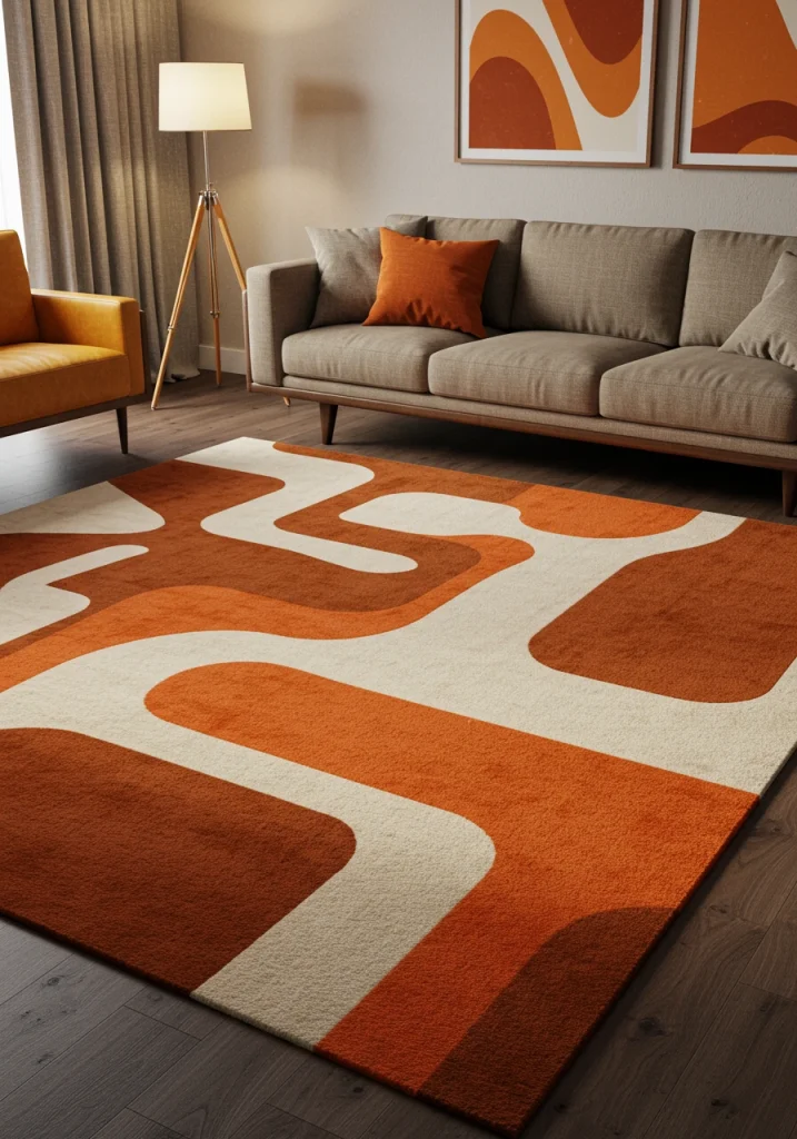 A mid-century modern living room with a bold, geometric-patterned area rug in classic MCM colors.