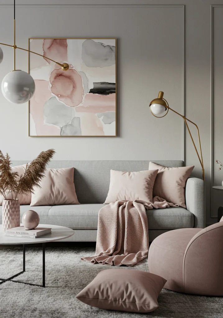 A chic and feminine gray living room featuring soft blush pink accents in the pillows and art.