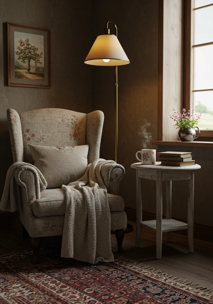 A cozy cottage reading nook with a comfortable floral armchair, a knitted throw, and a reading lamp.