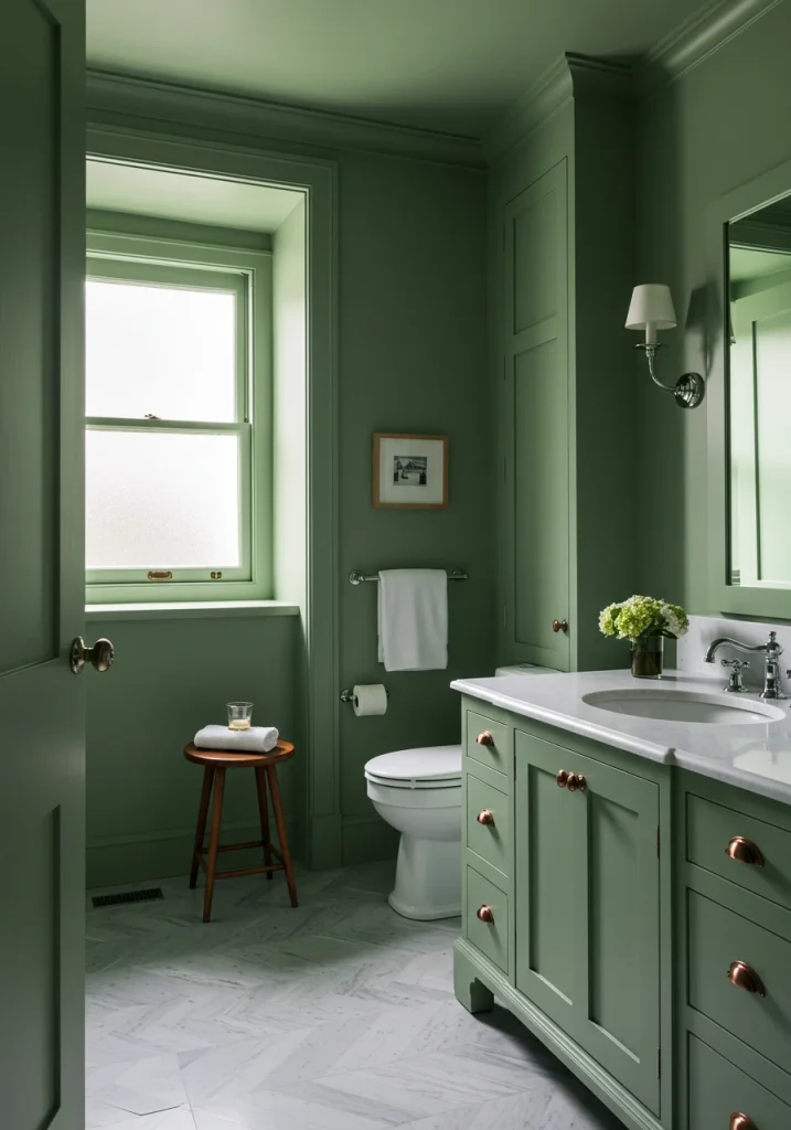 A sophisticated, color-drenched bathroom with the walls, trim, and vanity all painted the same color.